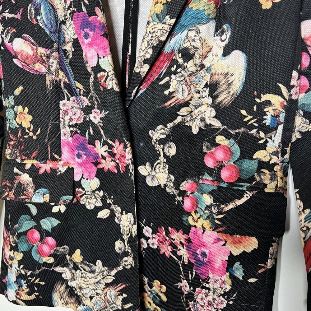 Love Women's Blazer S/M Black‎ One Button Ponte Stretch Pockets Floral Parrots - Picture 3 of 9